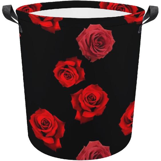 Red Roses on Black Laundry Basket, Collapsible Dirty Clothes Hamper With Handle, Suitable of Bedroom, Bathroom, Dormitory, farmhouse, Toy Basket,