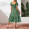 Women's Loose Casual Square Neck Puff Sleeve Floral Dress Long Skirt