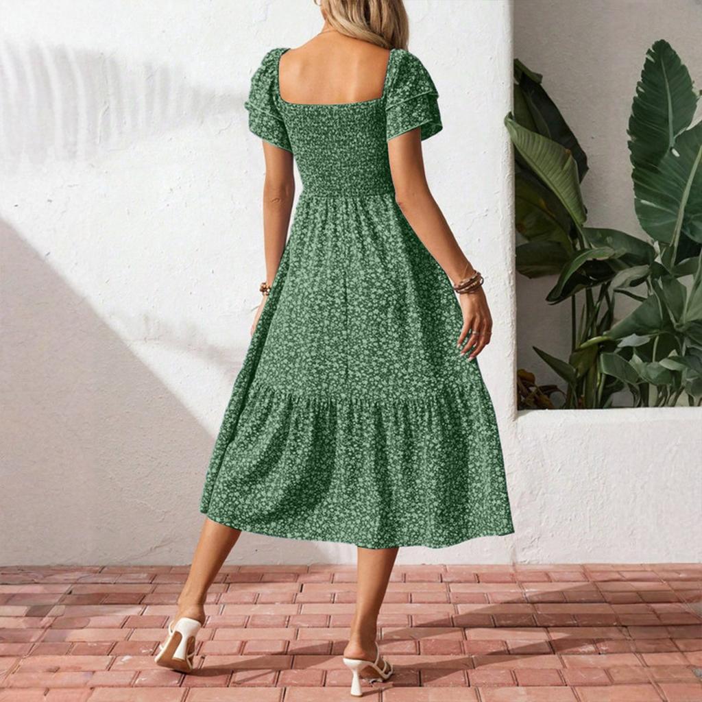 Women's Loose Casual Square Neck Puff Sleeve Floral Dress Long Skirt