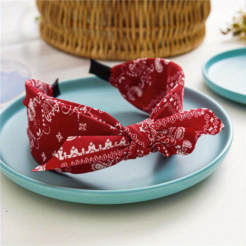 Boho Floral Print Headbands Bow Wide Brimmed Head Hoop For Women Vintage Elegant Headwear Cross Knot Hair Hoop For Vocation