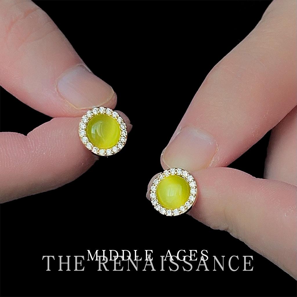 Оливково-зеленые серьги-гвоздики с цирконом «Кошачий глаз» Французские ретро элегантные серьги с микрозакрепкой серьги