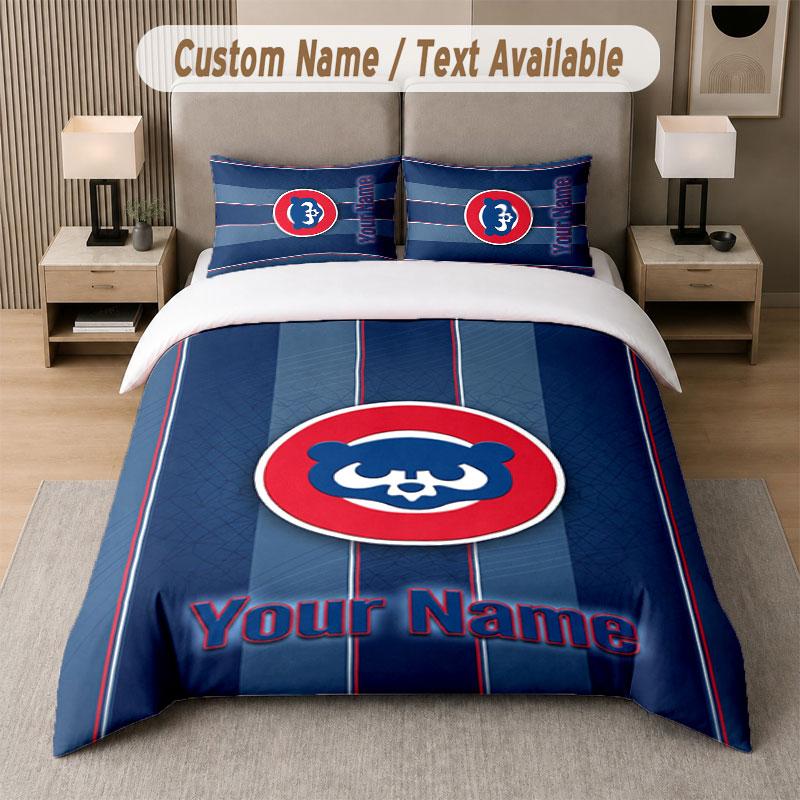 Custom Bedding Set Chicago Cubs Pattern, Print Name Text 1 Duvet Cover plus 2 Pillowcases Home Textile