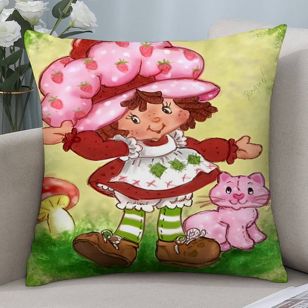Kawaii S-Erdbeer-Shortcakes Kissenbezug Kurzer Plüsch Doppelseitiger Druck Quadratische Dekokissenbezüge Sofa Heimkissen Dekoration