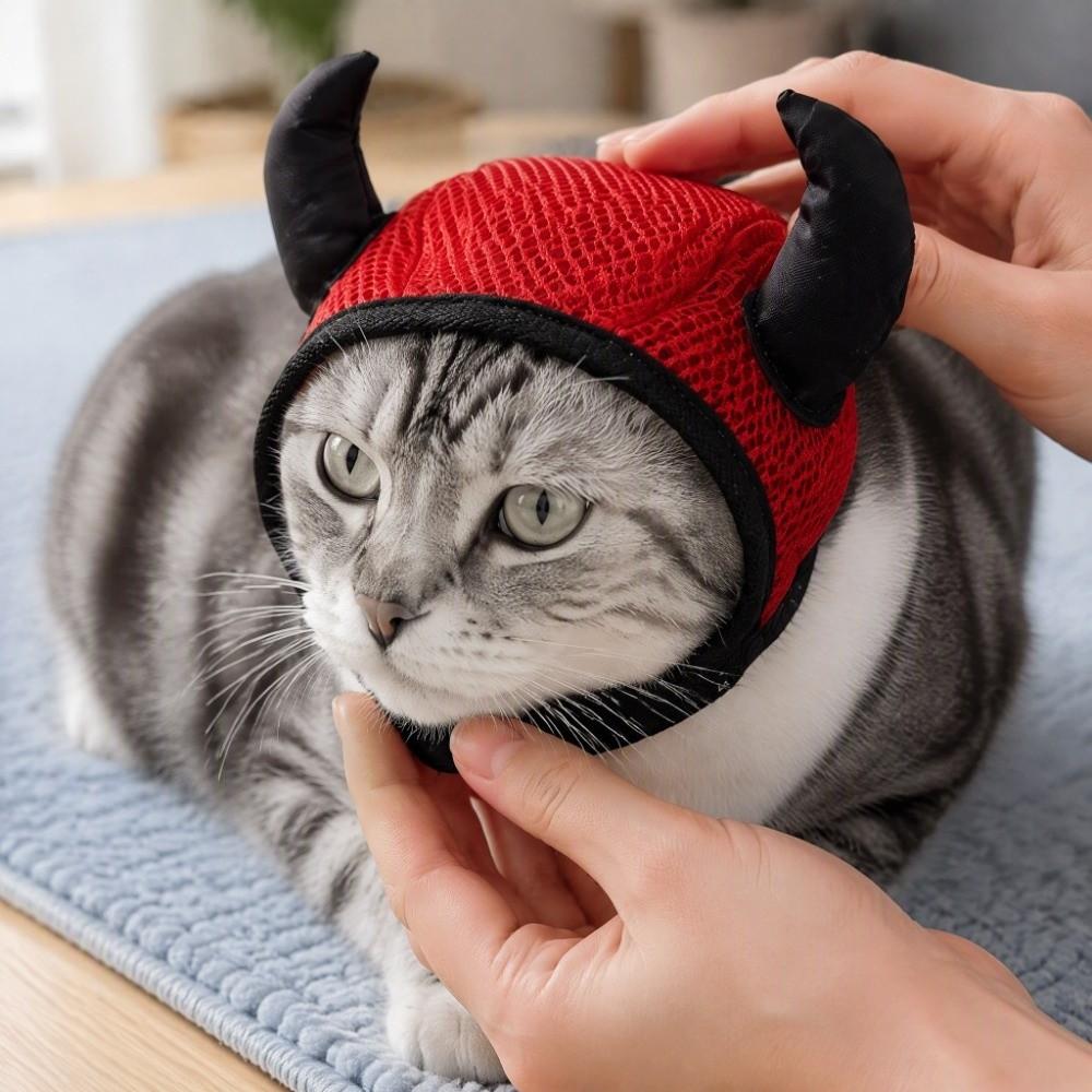 Atmungsaktive Netz-Katzen-Sedierungshaube Teufelshörner Halloween-Katzenhut Haustierbedarf