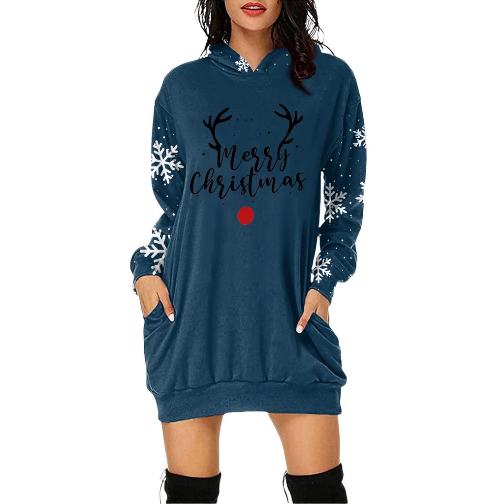 Rochie Pulover cu Glugă și Mâneci Lungi cu Buzunar și Imprimeu de Crăciun pentru Femei