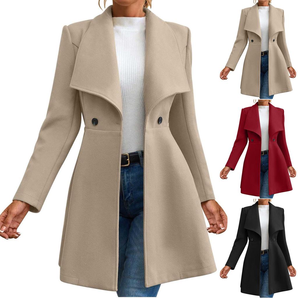 Women's Fashionable Solid-color Lapel Long-sleeved Woolen Coat