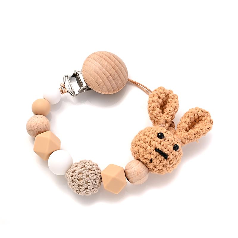 Nursing Chew Toy Baby Dummy Holder Chain BPA Free New Baby Wooden Pacifier Clip Wood Crochet Rabbit Teething Soother Chain