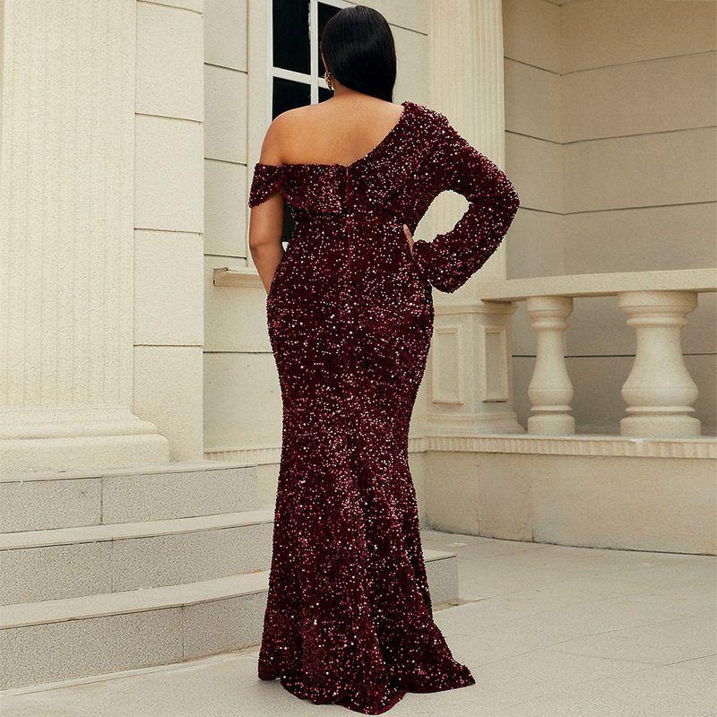 Plus-Size Gown for Curvy Women, Long-Sleeve Mermaid Evening Dress for Weddings, Banquets, and Birthdays, Sexy Evening Gown