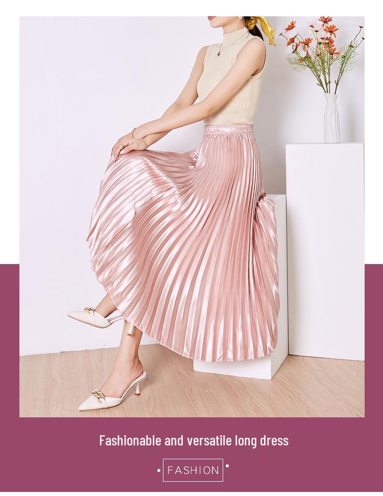 Solid Color High Waist Satin Pleated Midi Skirt - Women's New Spring/Summer/Autumn 2023 Collection