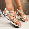 Böhmischer Stil Geflochtener Riemen Flache Sandalen für Damen Bedruckte Überkreuzband Römersandalen Frau Sommer Zehensteg Strand Sandalias Mujer