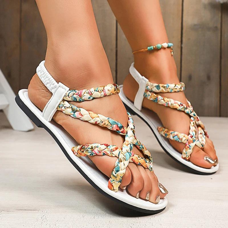 Böhmischer Stil Geflochtener Riemen Flache Sandalen für Damen Bedruckte Überkreuzband Römersandalen Frau Sommer Zehensteg Strand Sandalias Mujer