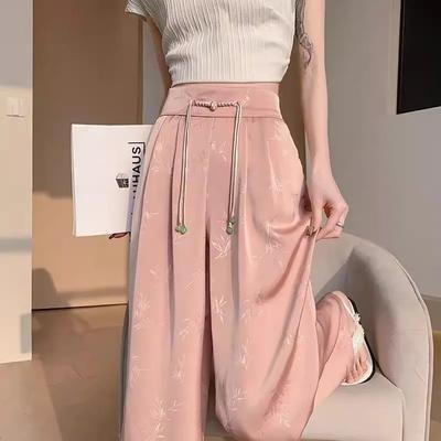 Jacquard Chinese Style Panels Summer Ice Silk High Waist Wide Leg Drape Floor Straight Long Pants