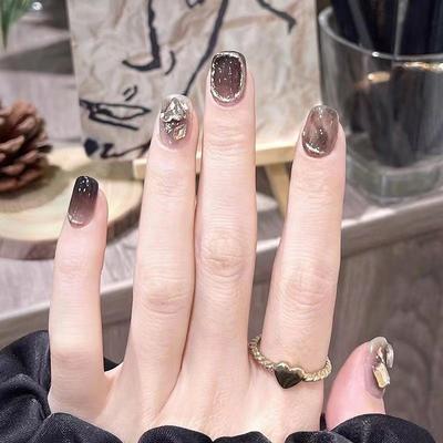 HANDMADE Artificial Nail Phototherapy Nails Crystal Champagne Drilled Nails Dark Black Smudged False Nails Finished