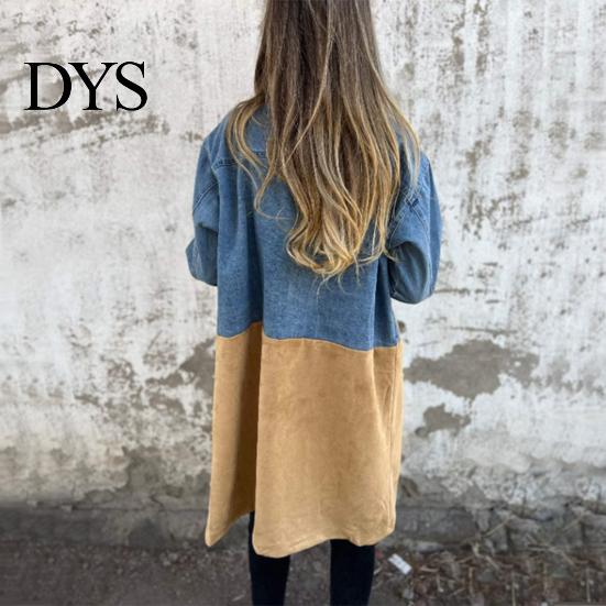 Chaqueta Cardigan de Manga Larga para Mujer Primavera Otoño Abrigo Vaquero Sobretodo Patchwork Doble Botonadura Dama Holgada con Bolsillos con Solapa Bloque de Color Longitud Media