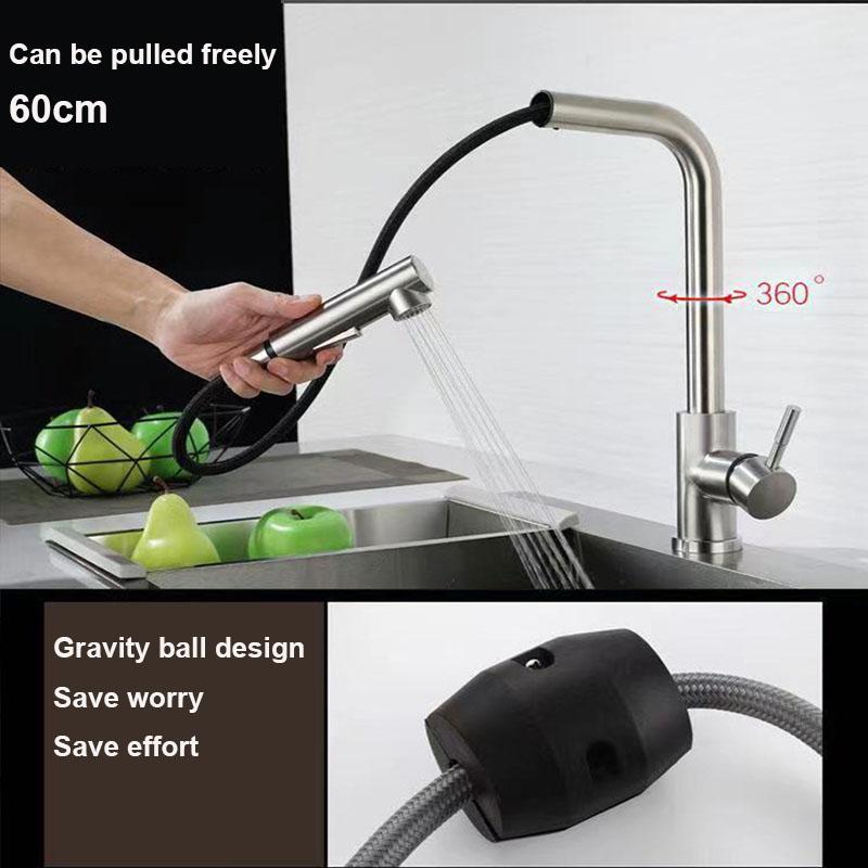 Stainless Steel Pull Out Kitchen Sink Faucet Deck Mounted Single Hole Handle Swivel Sprayer Hot Cold Mixer Tap