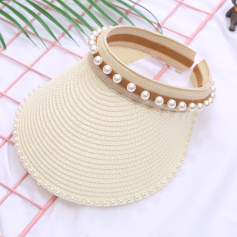 Empty Top Straw Hat Women'S Summer Sun Protection Hat Pearl Headband Hat Outdoor Sports Travel Fashion Sun Hat
