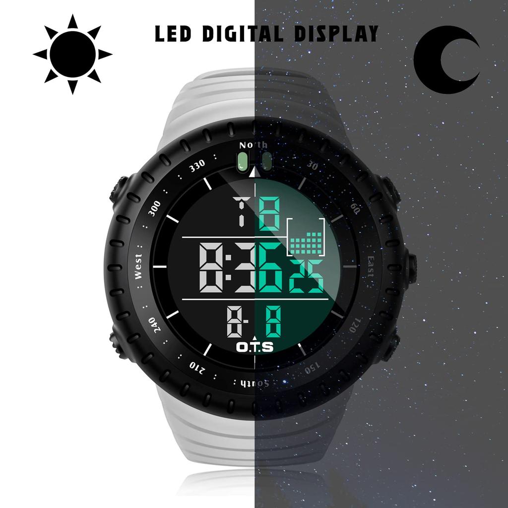 PALADA Men's Digital Sports Watch Waterproof Tactical Watch with LED Backlight, White, for Sports, Work, and Daily Life