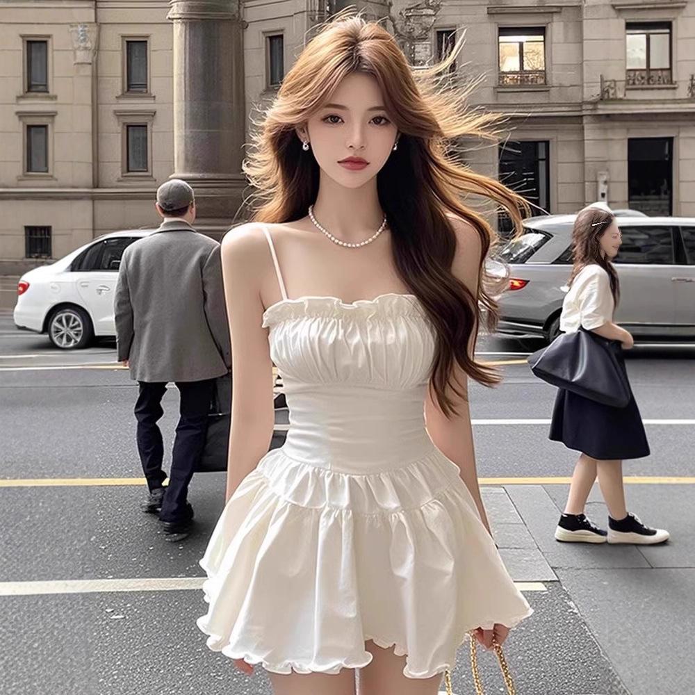 Double-layer white square neck suspender pleated fungus lace dress women's summer pure desire light luxury sexy skirt
