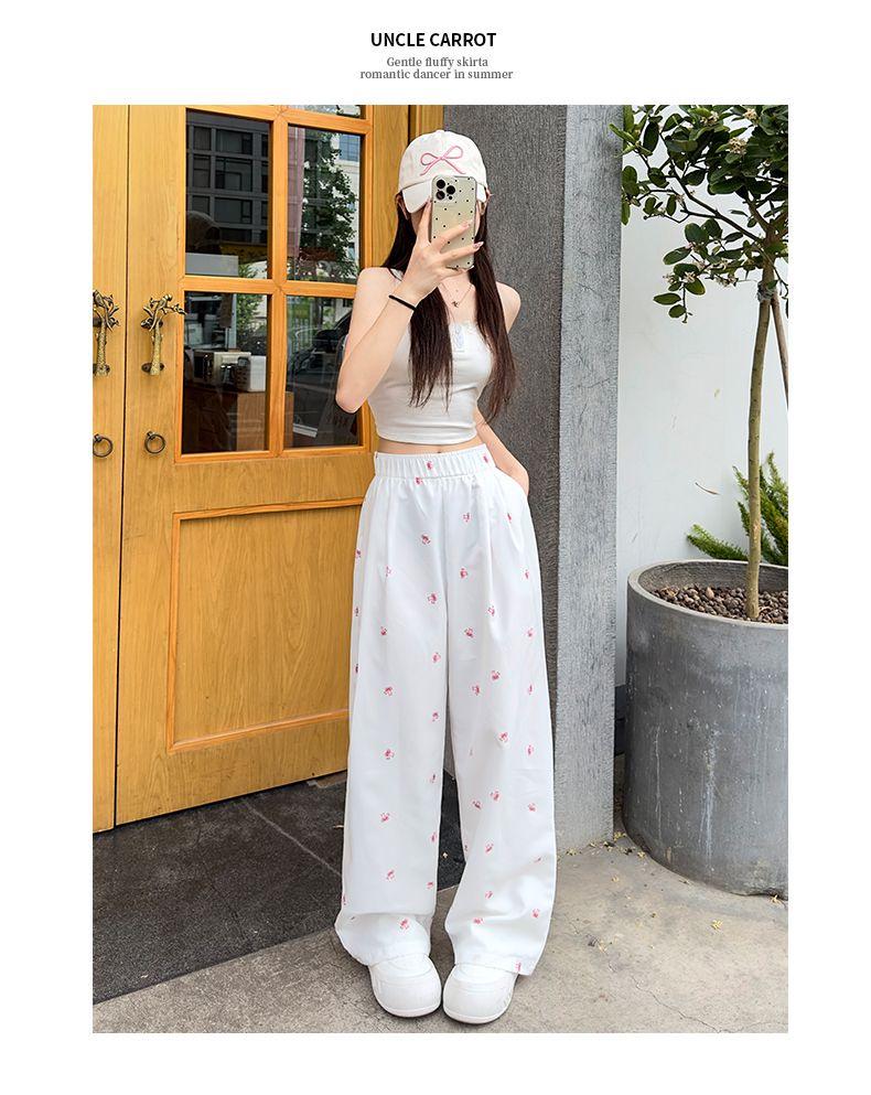White Floral Yamamoto Women's Slim Straight Wide-Leg Bow Pants - 2025 Summer Collection.