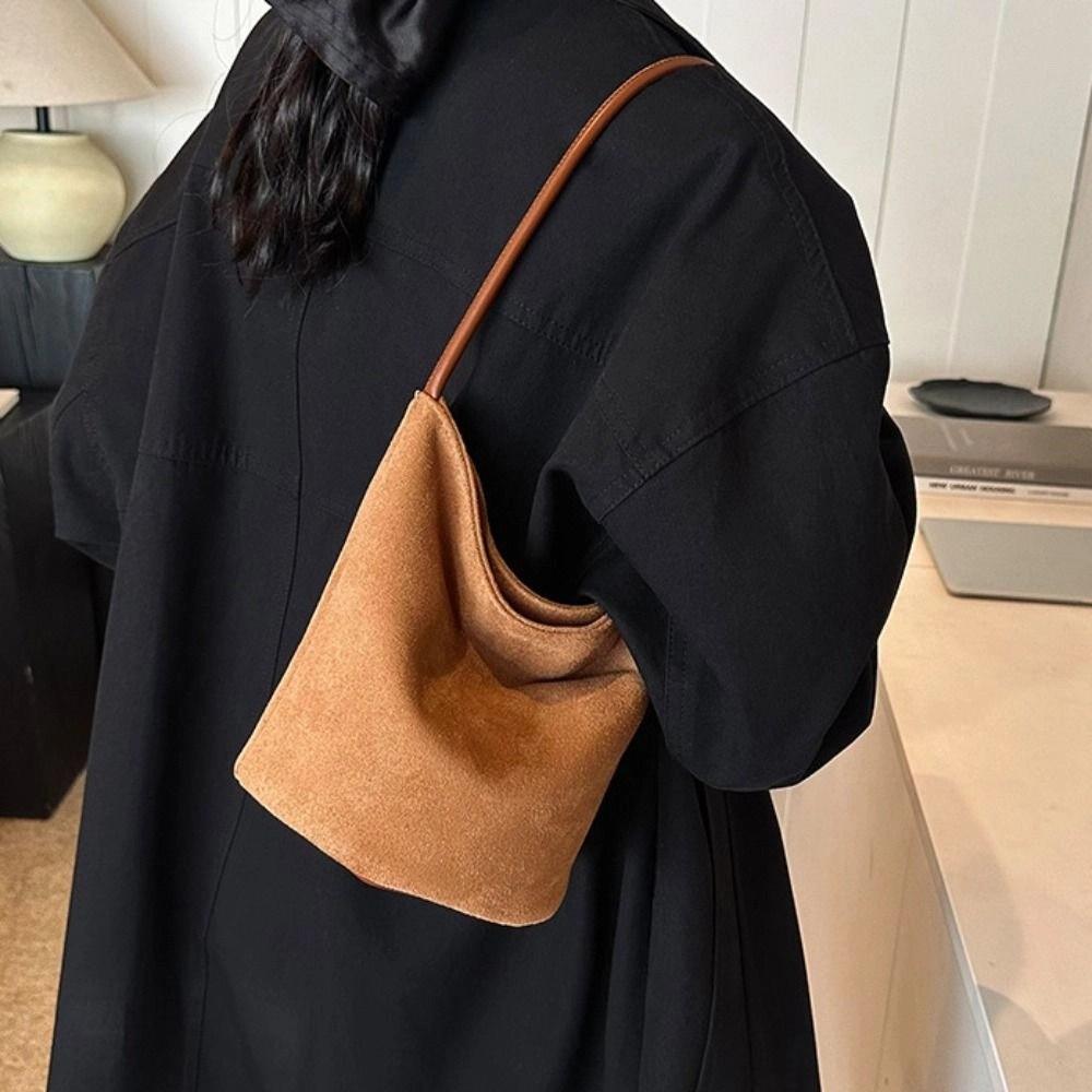 Simple Pu Leather Suede Bucket Bag Fashion Simple Velvet Shoulder Bag Large Capacity Handbag Pu Tote Bag Holiday