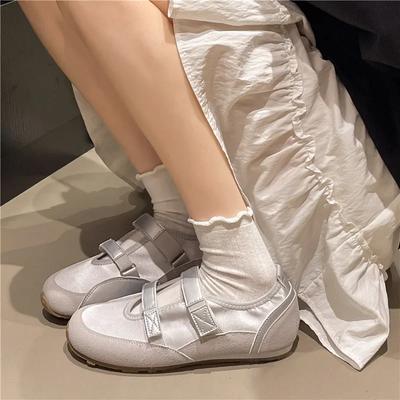 Ballet Flat Shoes Women's Summer New Commuter Casual Soft Leather Sport Hollow Out Color Block Flat Shoes Magic Tape Closure