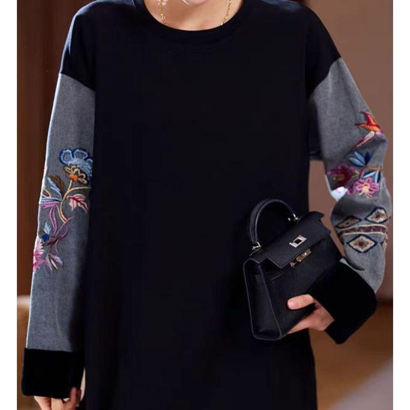 

Please Cherish Her! Accessible Luxury Women s Denim Cotton Embroidered Long Sleeves round Neck Mid-Length Sweatshirt Spring & Fall Winter New Outwear Black 3XL