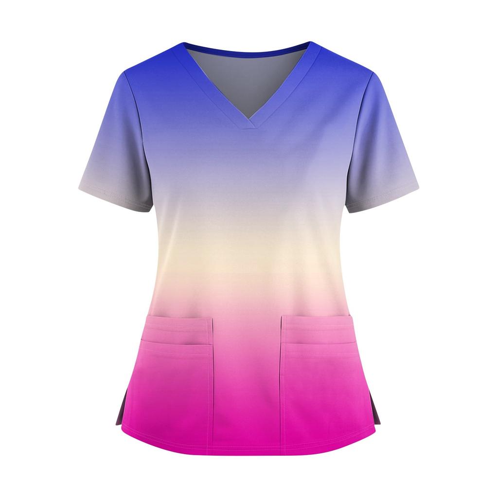Women's Fashionable Printed V Neck Double Pocket Short Sleeved Shirt With Slit Hem Uniform And Worker Top