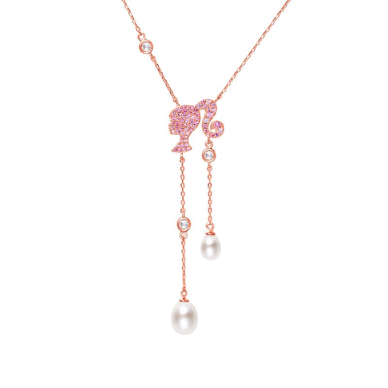 925 Sterling Silver Pink Barbie Ponytail Girl Necklace - Women's Light Luxury Niche Design Clavicle Chain, 2022 Edition.