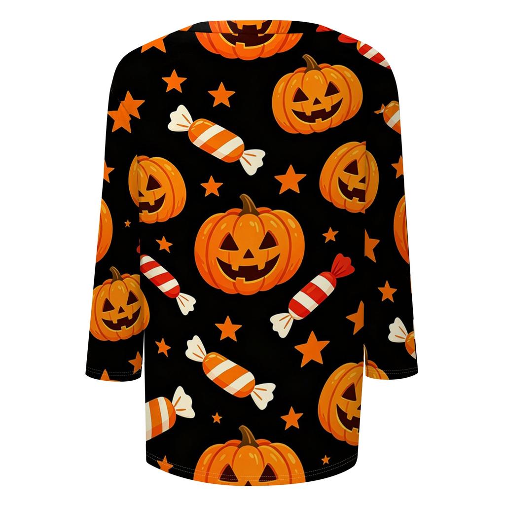 Women Casual Halloween Print V Neck Three Quarter Sleeve Top Lightweight Comfortable Fit Stylish Design for Daily Wear