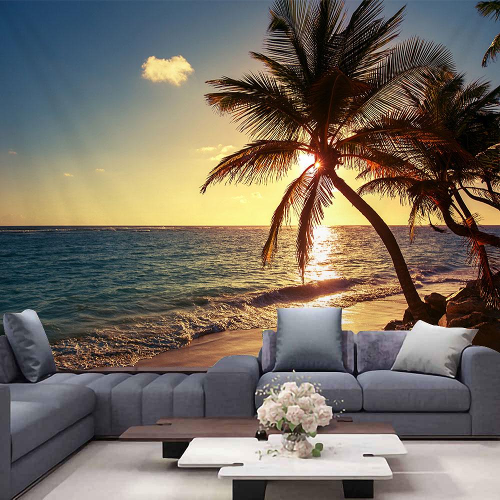 Ocean View Wall Tapestry Forest Waterfall Lotus Decoration Wall Carpet Beach Tapestry Living Room Bedroom Background Cloth