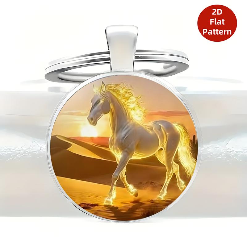 Retro Zodiac Horse Pattern Zinc Alloy Circular Keychain Car Backpack Hangings Decoration
