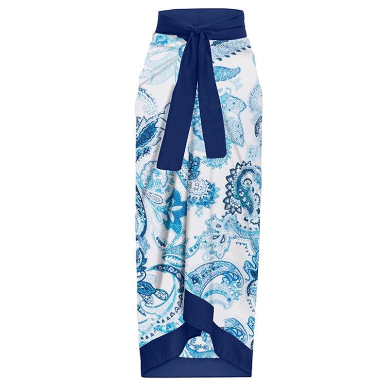 

Европейская и американская трансграничная юбка миди с принтом для отпуска и завязками One Size светло-синий