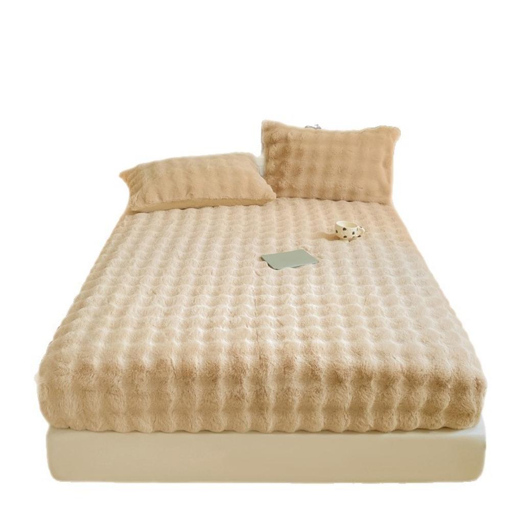 Solid Color Rabbit Like Plush Bed Sheet, 30cm Deep Pocket Design,Fully Wrapped Anti Slip Mattress Protective Cover,Thick and Warm In Autumn and Winter