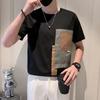T-shirt Patchwork à Manches Courtes pour Homme Décontracté Col Rond Bloc de Couleurs Mode Streetwear