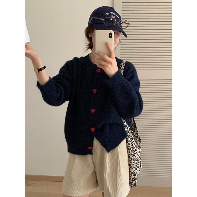 Sweet soft waxy love buckle knitted cardigan women's autumn and winter new loose fashion age-reducing crew neck sweater jacket