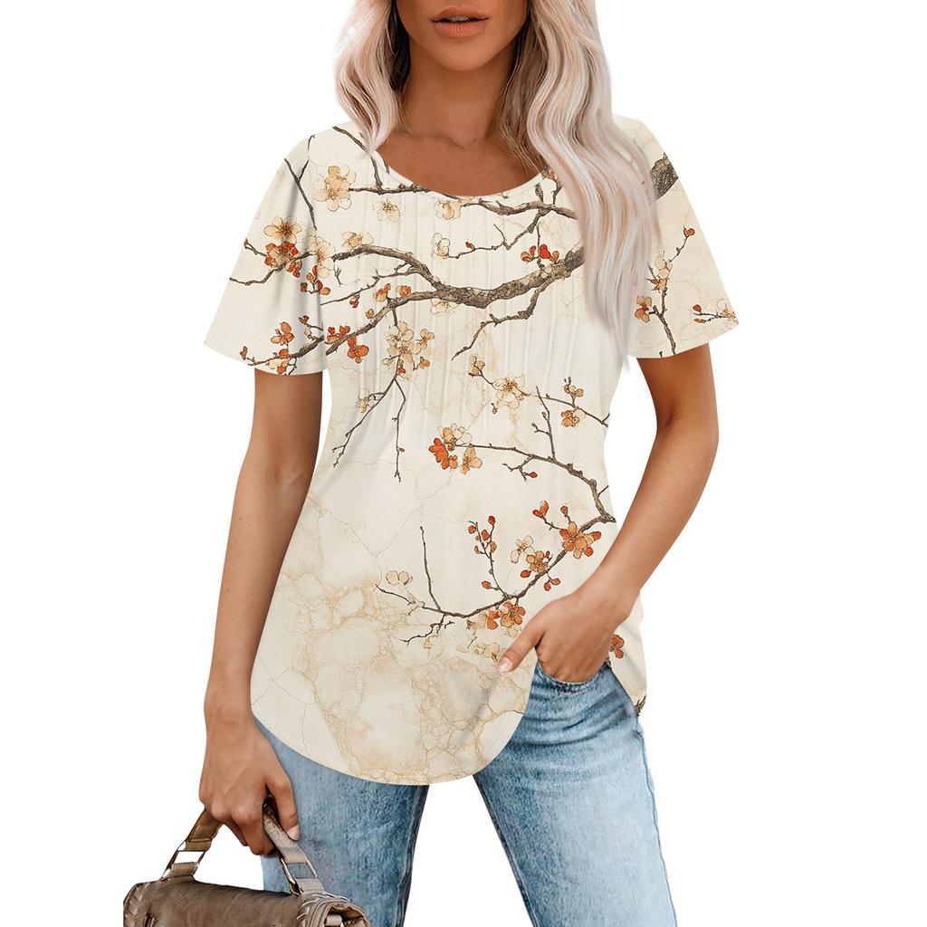 Damers Modeabla Lediga Plisserade Rundhalsrandiga Blomtryckta Kortärmade T-shirttopp