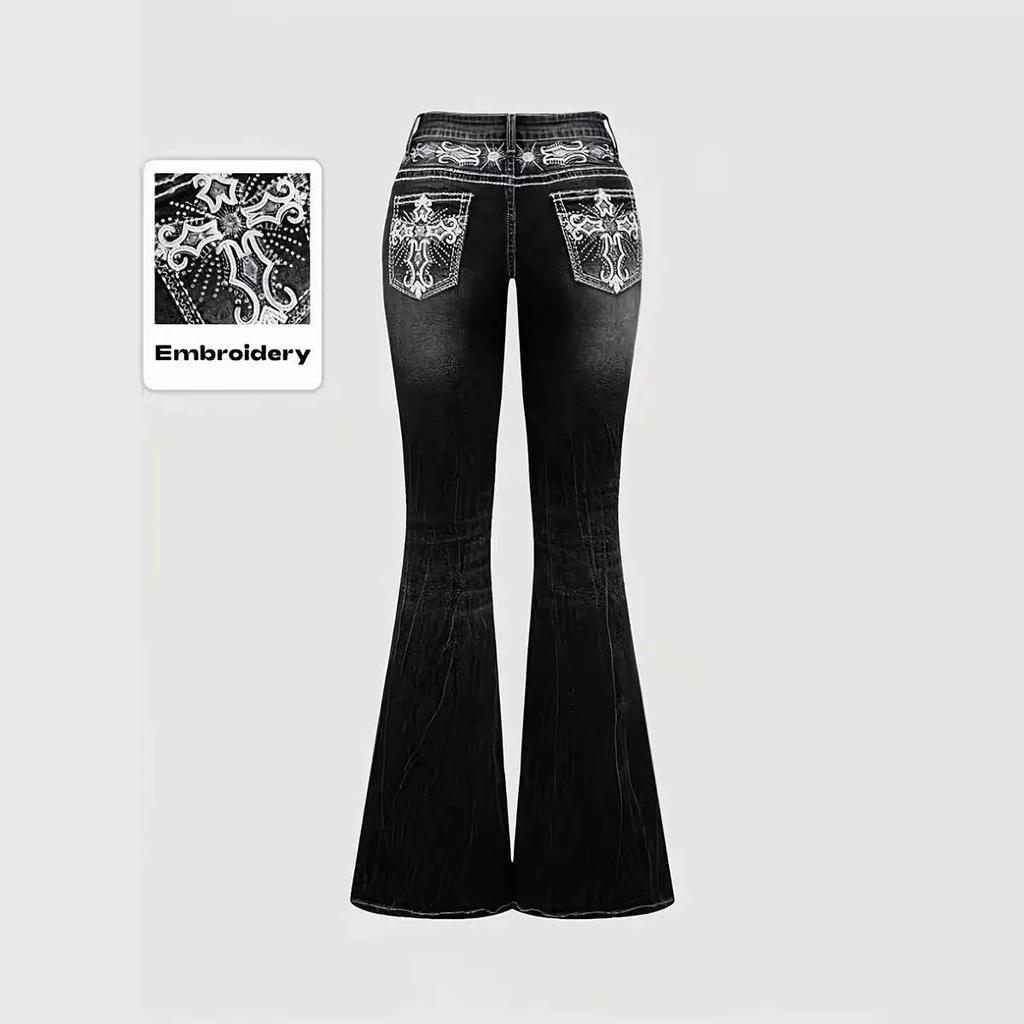 RogueWave Jeans Flare Pants Women Vintage Boot Cut Embroidery Pockets Rhinestone Washed Female Distressed Denims Trousers Streetwear