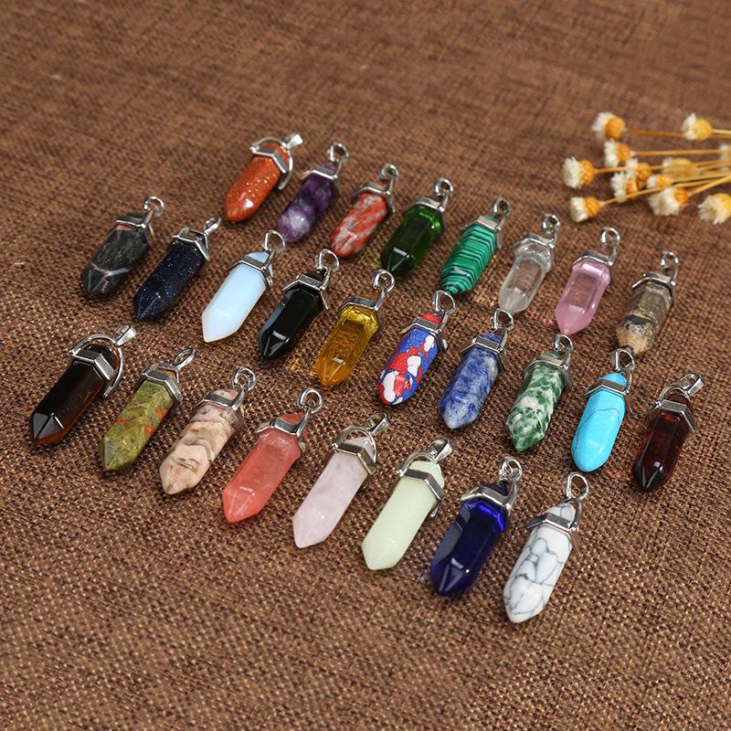 Natural Stone Amethyst & Rose Quartz Double-Pointed Hexagonal Pendant Necklace