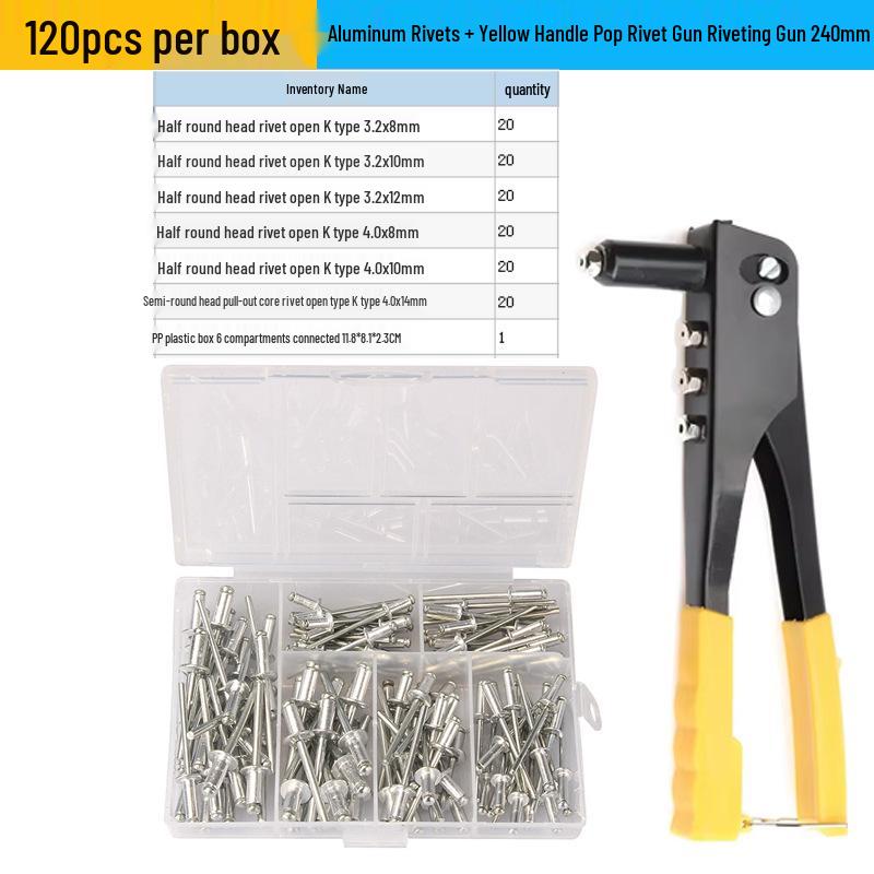 120-Piece Aluminum Pop Rivets Set, M3.2-M4, Open Type Pull-Through, Boxed for Cross-Border Trade