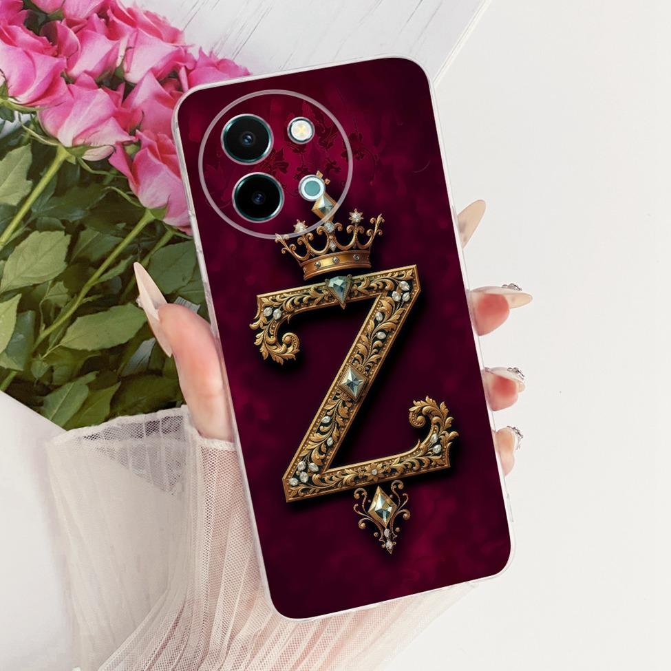Für Vivo Y38 5G Hülle Abdeckung Transparent Luxus Krone A-Z Buchstaben 2D Flaches Muster Weiche Handyhülle Für VivoY38 5G Bumper