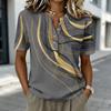 Damenmode Print Henley-Kragen Kurzarm Baumwoll-Leinen-Hemd mit Knopfleiste und abstraktem Muster für Freizeit oder Alltag