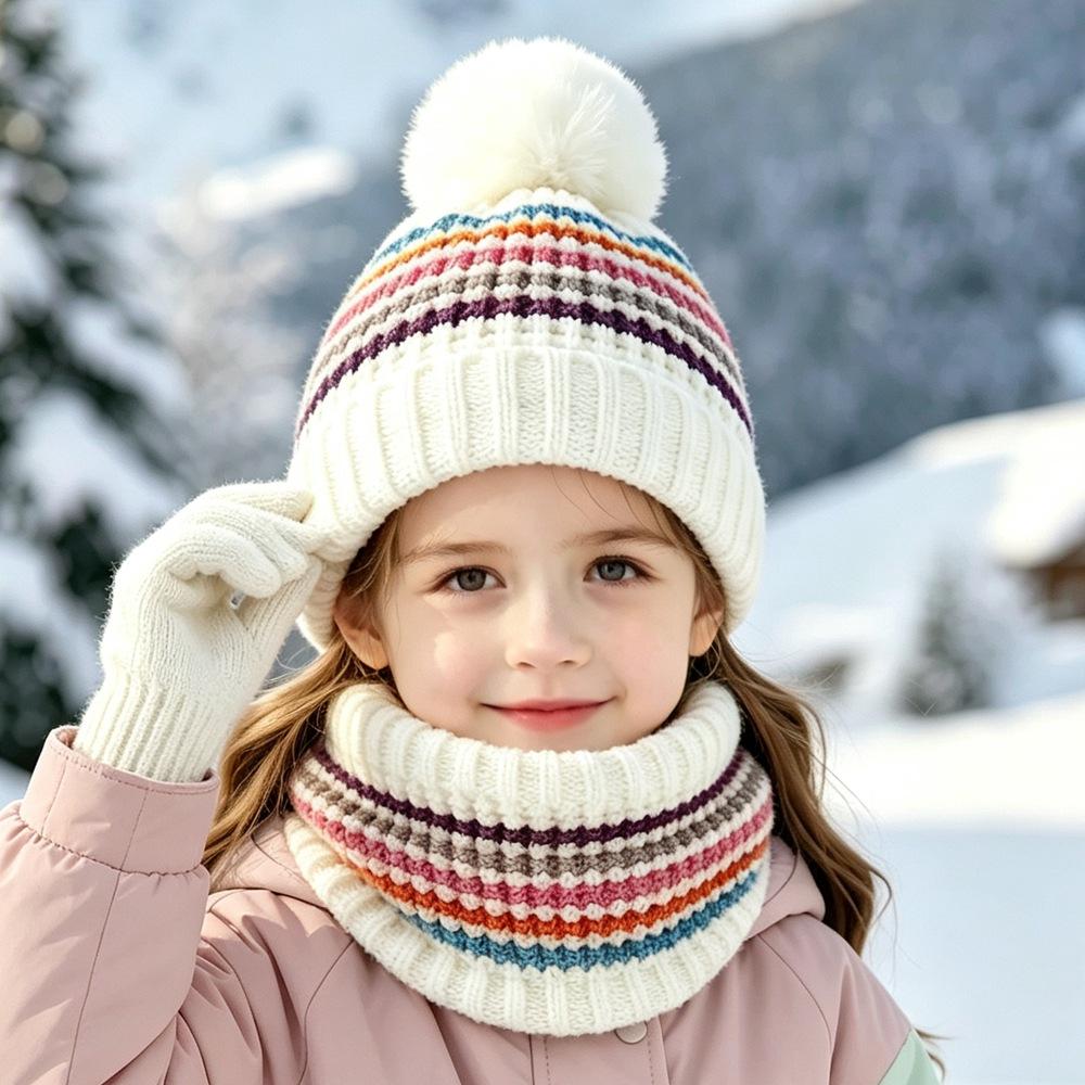 Winter Children's Plush Thick Colored Striped Woolen Hat, Scarf Gloves, Three Piece Set, Outdoor Cold Proof and Warm Hat