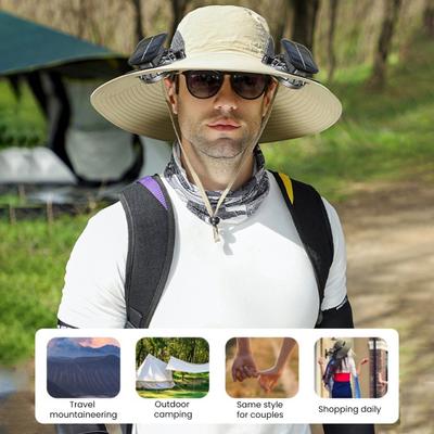Solar Fan Hat UPF 50+ UV Protection Hat with 2 Solar Fans USB Rechargeable Breathable Men Women Summer Outdoor Activities Fishing Wide Brim Bucket Cap