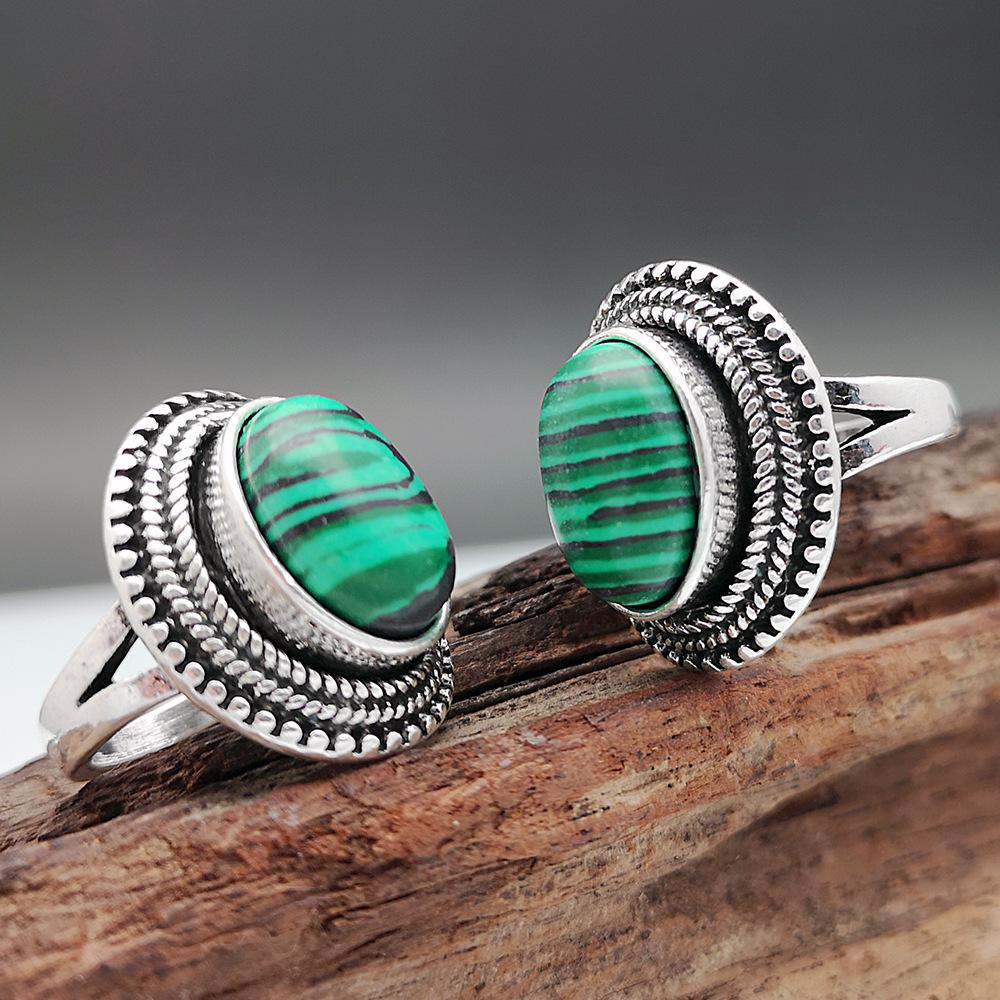 Oval Malachite Rings for Women Antique Silver Plated Rhinestone Plum Flower Vintage Fashion Jewelry