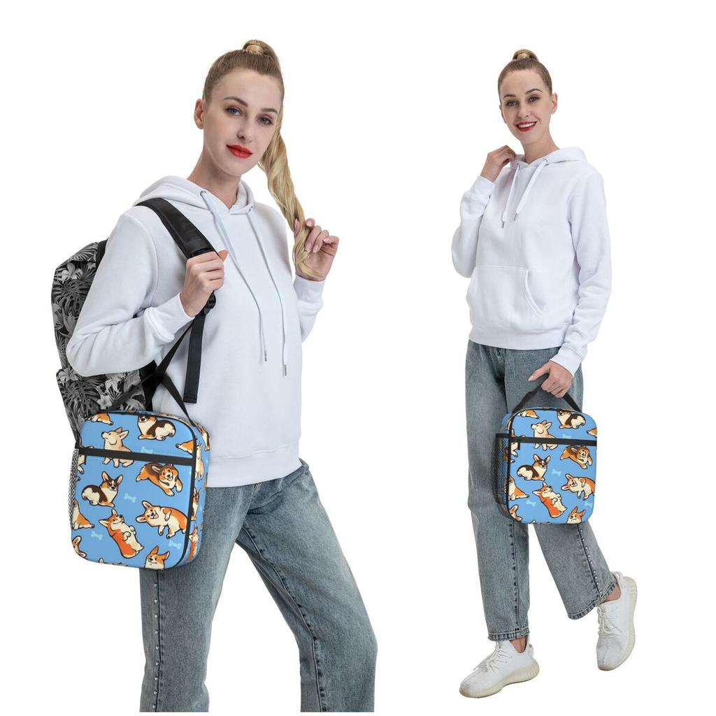 Blue Background Cute Cartoon Corgi Insulated Lunch Bag for Women Children Leakproof Food Boxes Thermal Lunch Box Tote