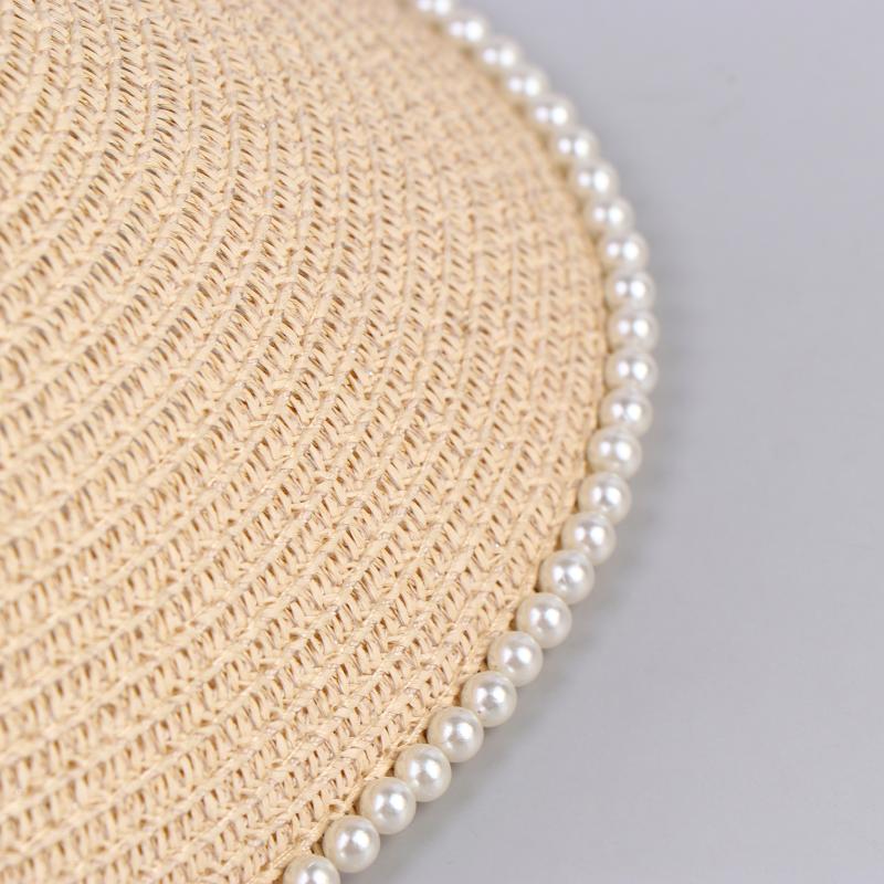 Imitation Pearl Empty Top Straw Hats For Women Casual Summer Beach Visor Caps Foldable Wide Large Brim Sun Uv Protection Caps
