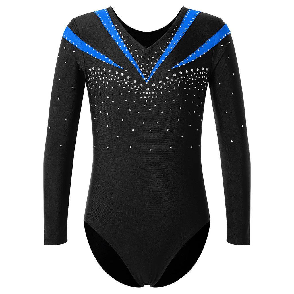 Girls Long Sleeve V Neckline Dance Leotards Shiny Rhinestone Decorated Contrast Color Slim Fit Unitard