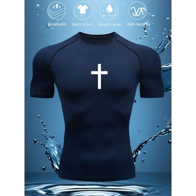 Navy Blue Compression Short Sleeve T-Shirt White Cross Graphic Quick Dry Breathable High Elasticity Christian Gym Workout And Running Athletic Top