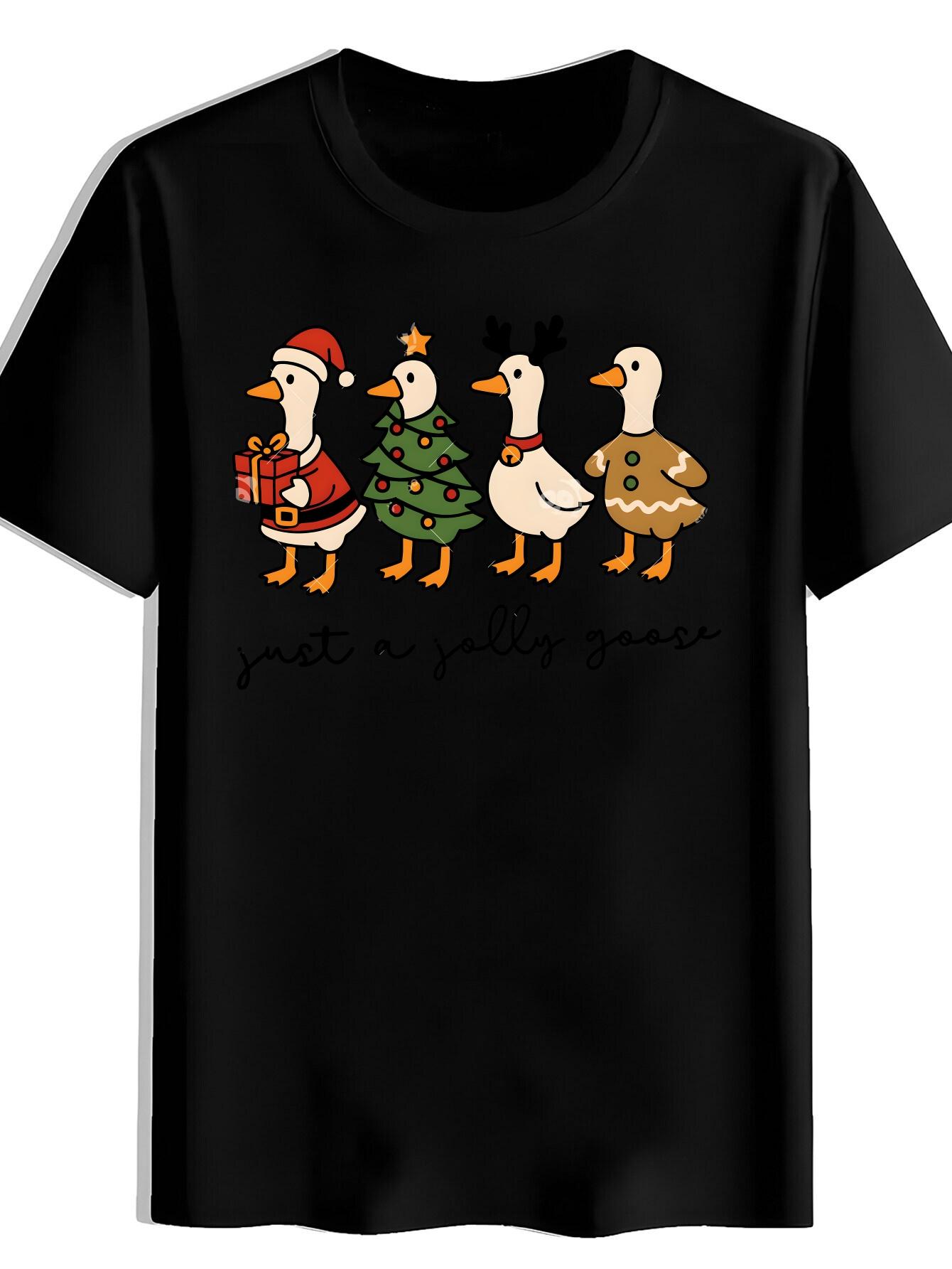 T-shirt Four Cartoon Duck Christmas Hat Print S