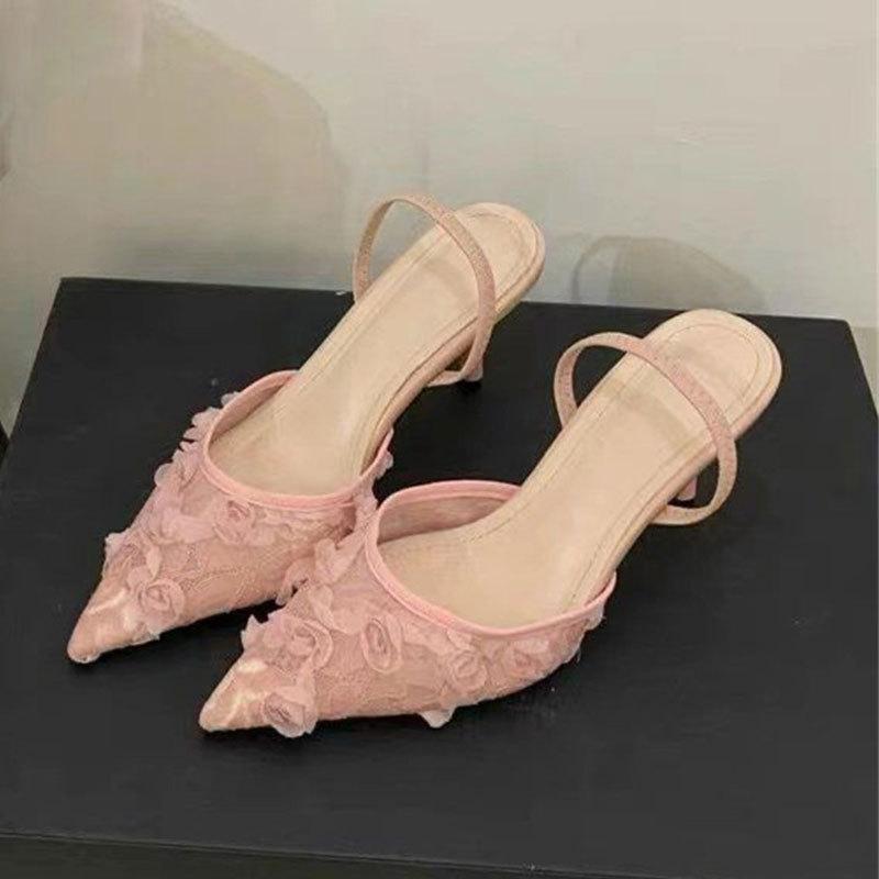 Gentle Evening Breeze Pointed Head with Bag Head Thin Heel Half Slippers Women's Summer Wear 2025 New Mesh Cool Slippers
